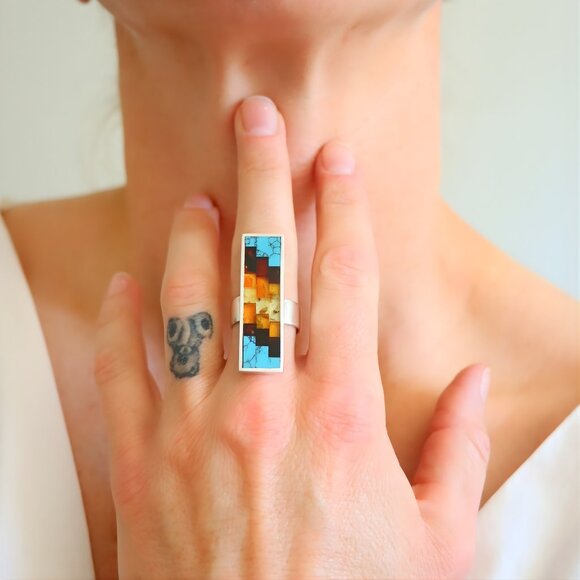 Turquoise and Baltic Amber Mosaic Ring- Sterling Silver -Adjustable Size - Picture 6 of 7